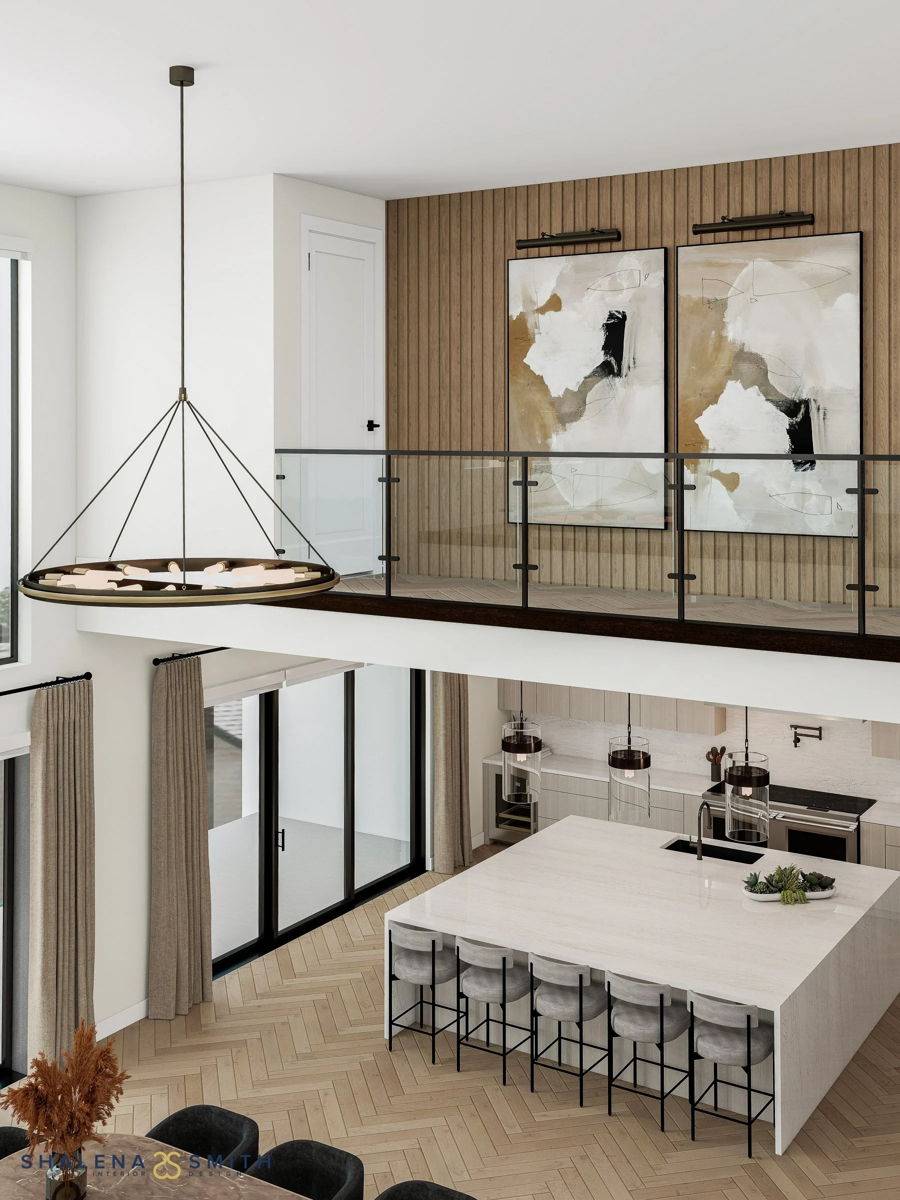 3D rendering of a loft gallery with abstract diptych art, overlooking the kitchen island below
