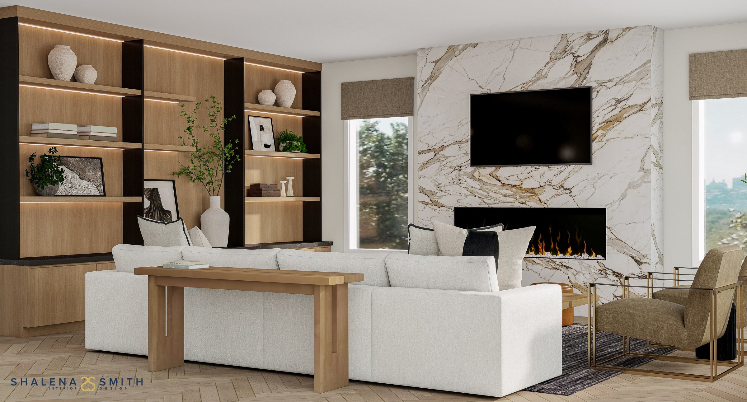 3D rendering of a living room with a book-matched marble fireplace wall, oak built-ins and brass-frame lounge chairs
