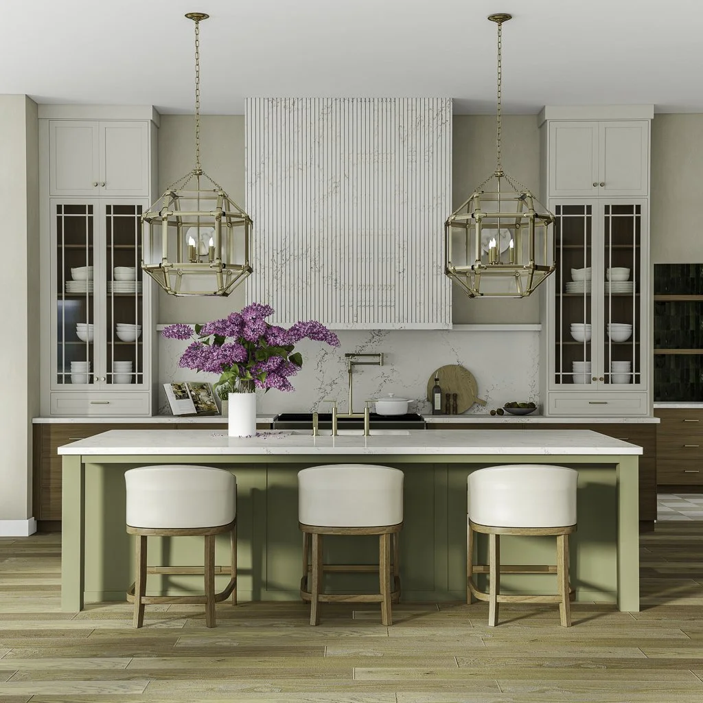 Photorealistic 3D kitchen rendering featuring a sage green island, brass lantern pendants, and fluted marble range hood