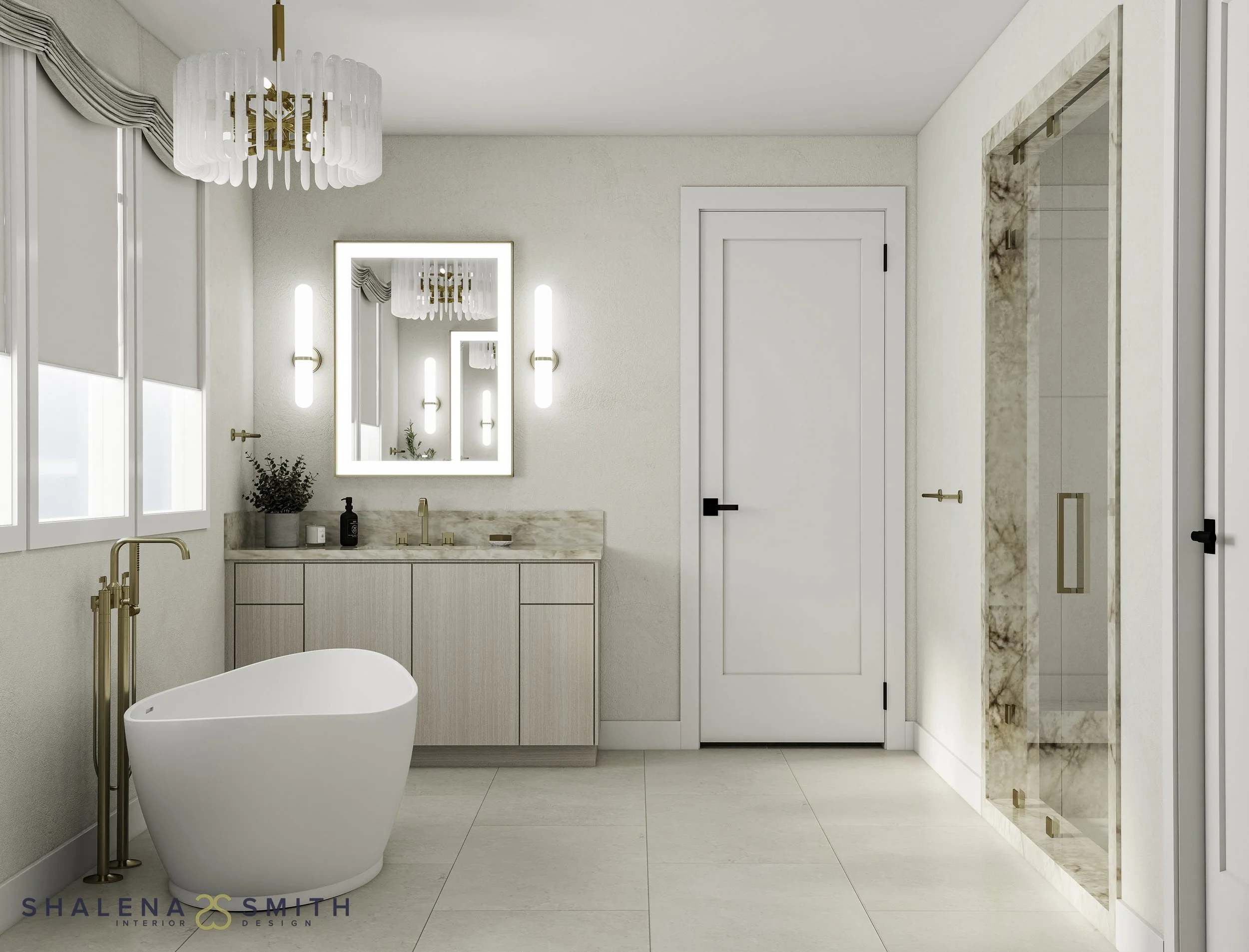 	3D rendering of a primary bathroom with a freestanding tub, oak vanity, frosted-glass chandelier and quartzite-framed shower