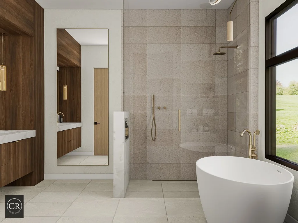 Wide-angle 3D primary bathroom rendering showing shower, freestanding tub, walnut vanity, and floor mirror