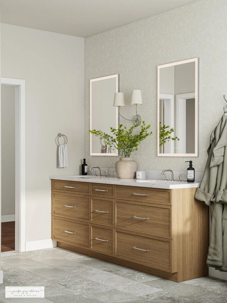 3D bathroom rendering detail of oak double vanity with marble countertop, sconce lighting, and botanical wallpaper