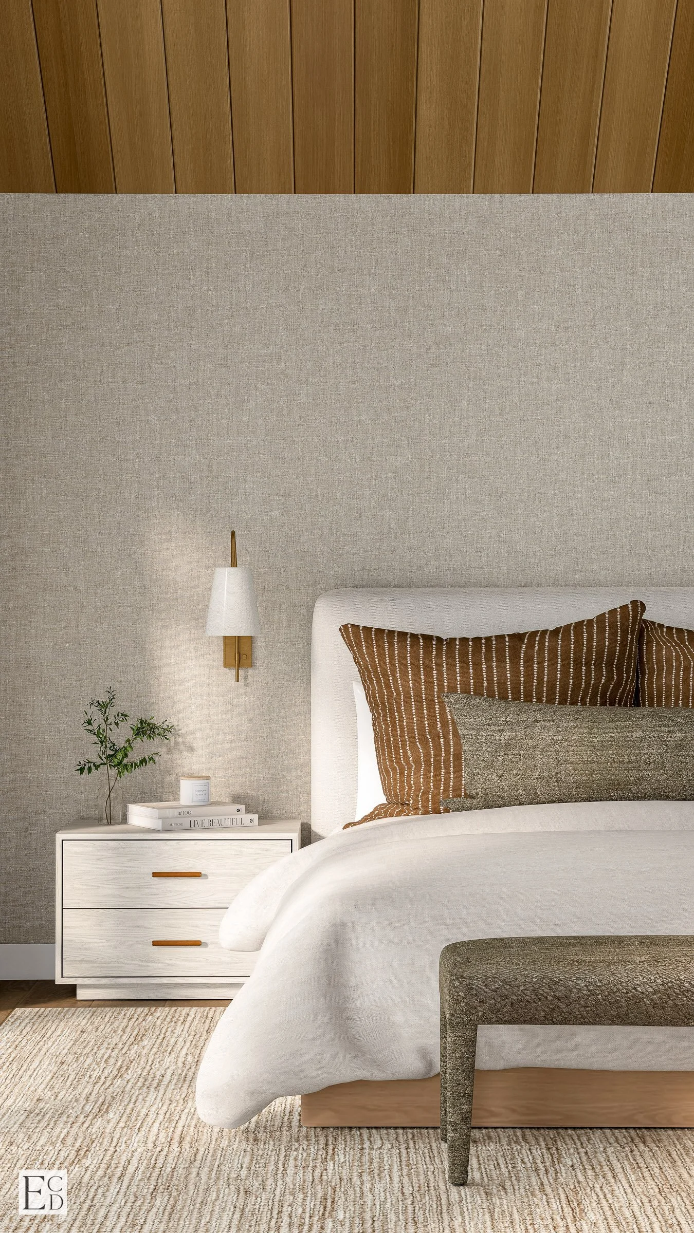 Bedside detail: a white oak nightstand, a slim brass sconce, and rust-striped linens against grasscloth.