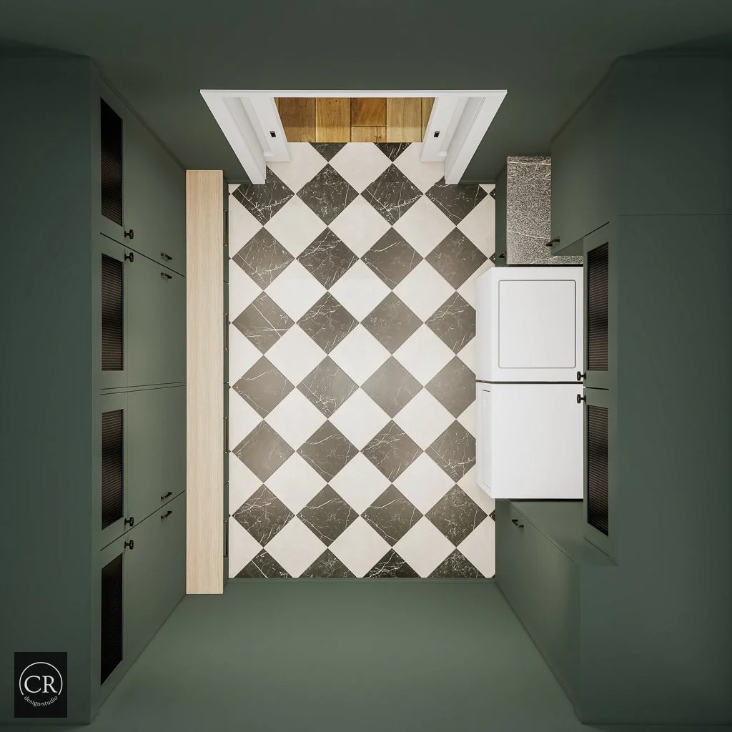 Overhead 3D view of laundry and mudroom layout showing checkerboard marble floor and green cabinetry