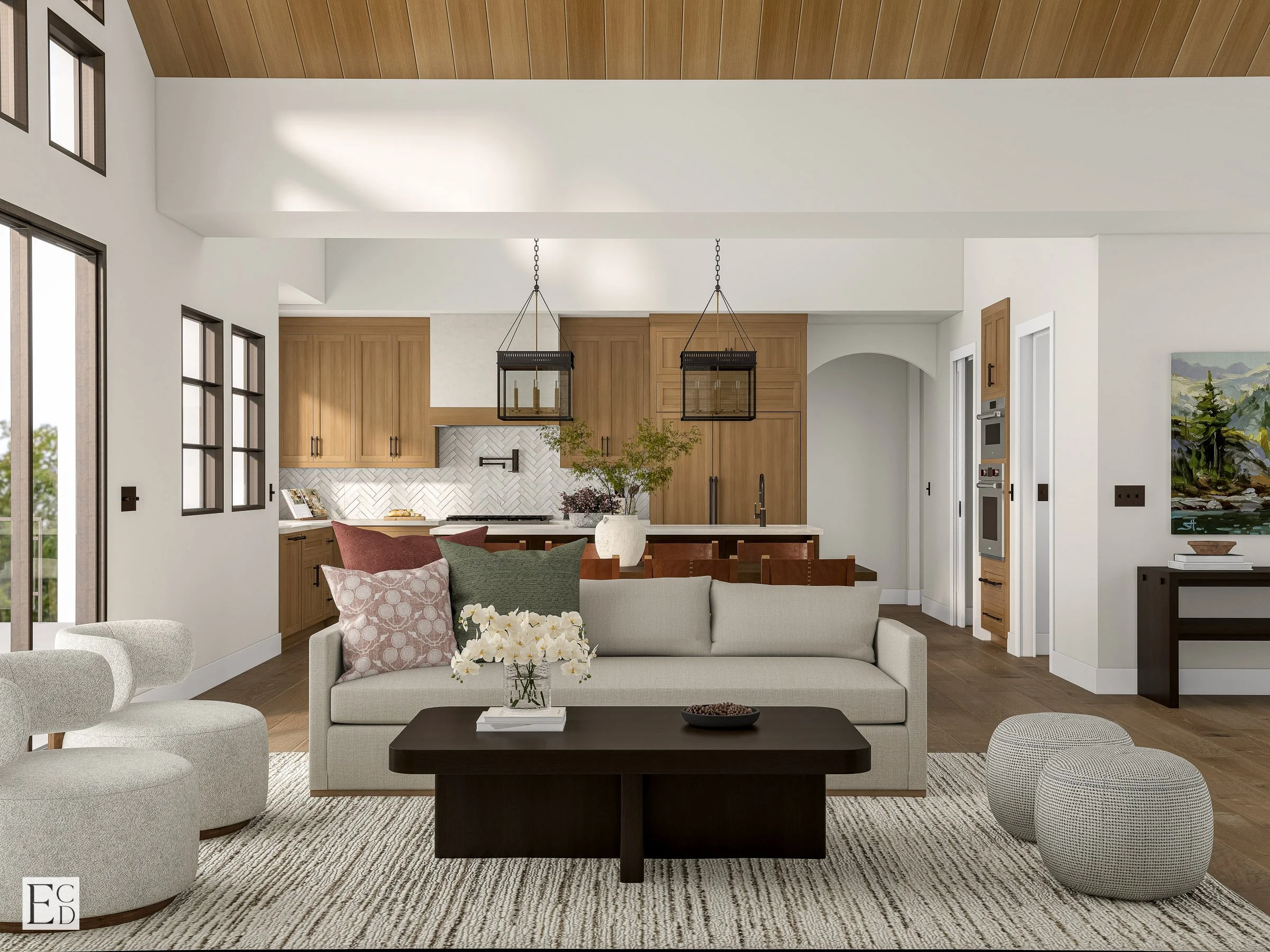 One frame for the whole main floor: living, kitchen, and dining sharing a single volume under the plank ceiling.
