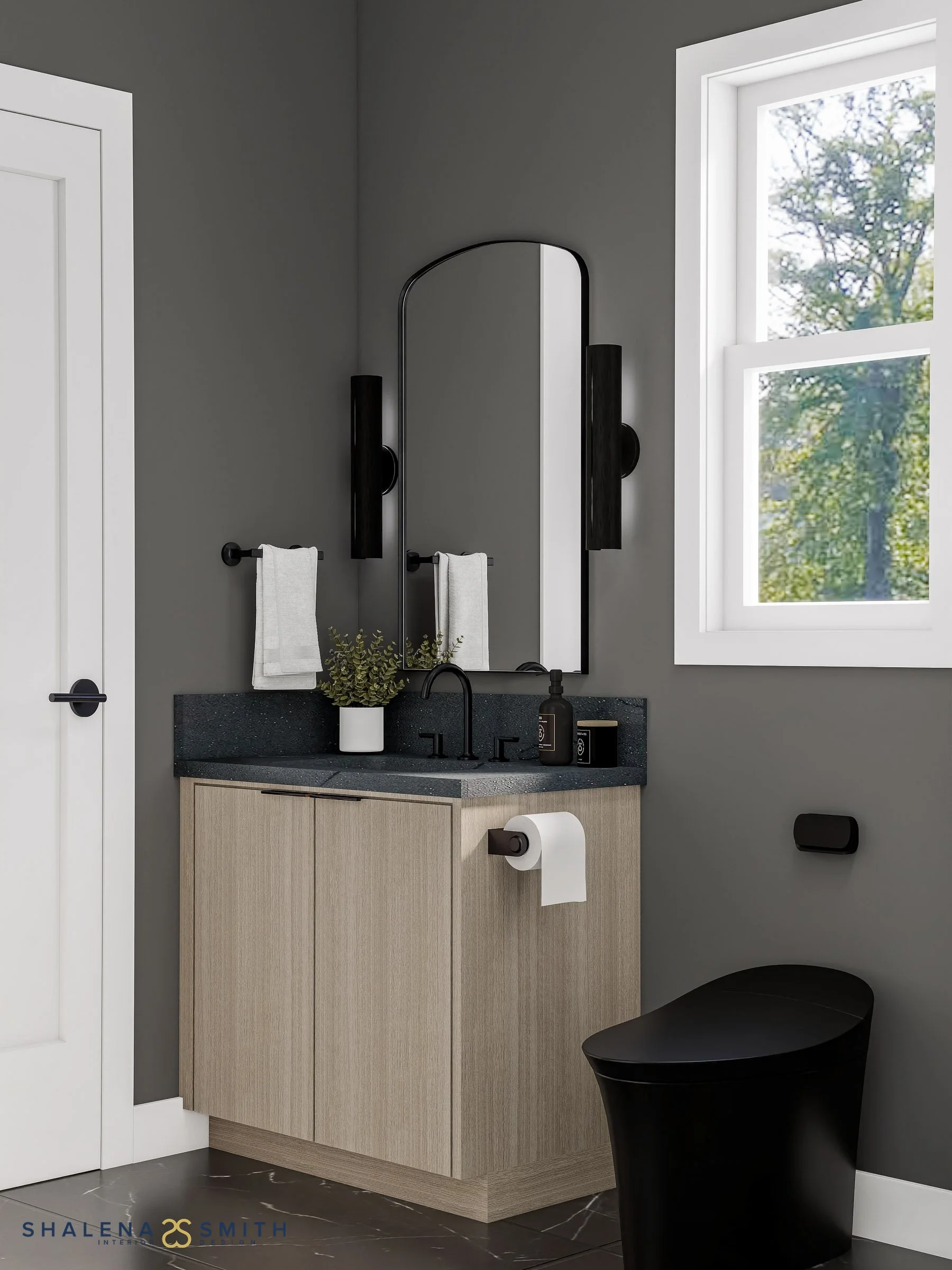 3D rendering of a bathroom with charcoal walls, an oak vanity, an arched mirror and matte black fixtures