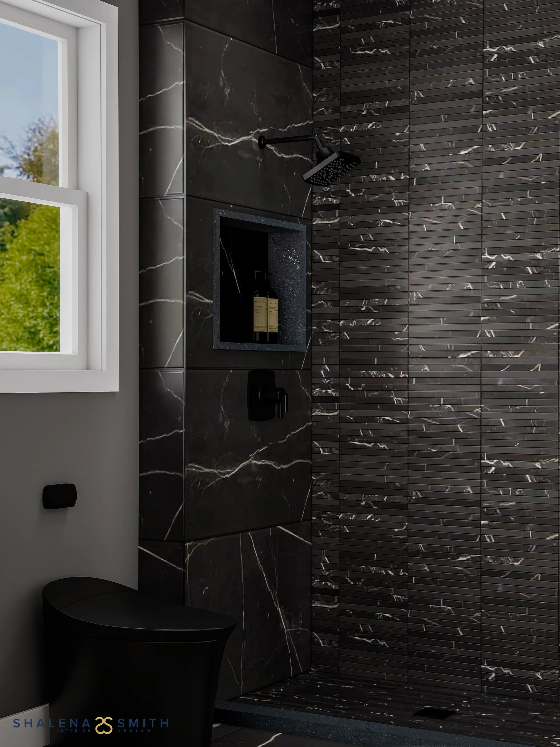 3D rendering of a shower in black marble-look tile with a stacked mosaic wall and matte black fixtures