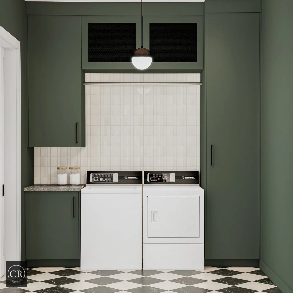 3D laundry room rendering with forest green cabinetry, Speed Queen appliances, vertical tile, and marble checkerboard floor