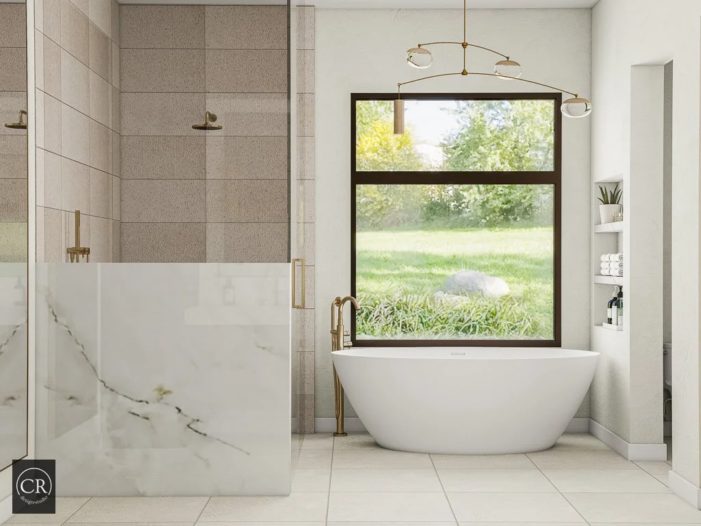 3D primary bathroom rendering with freestanding soaking tub, garden window view, and brass orbital chandelier