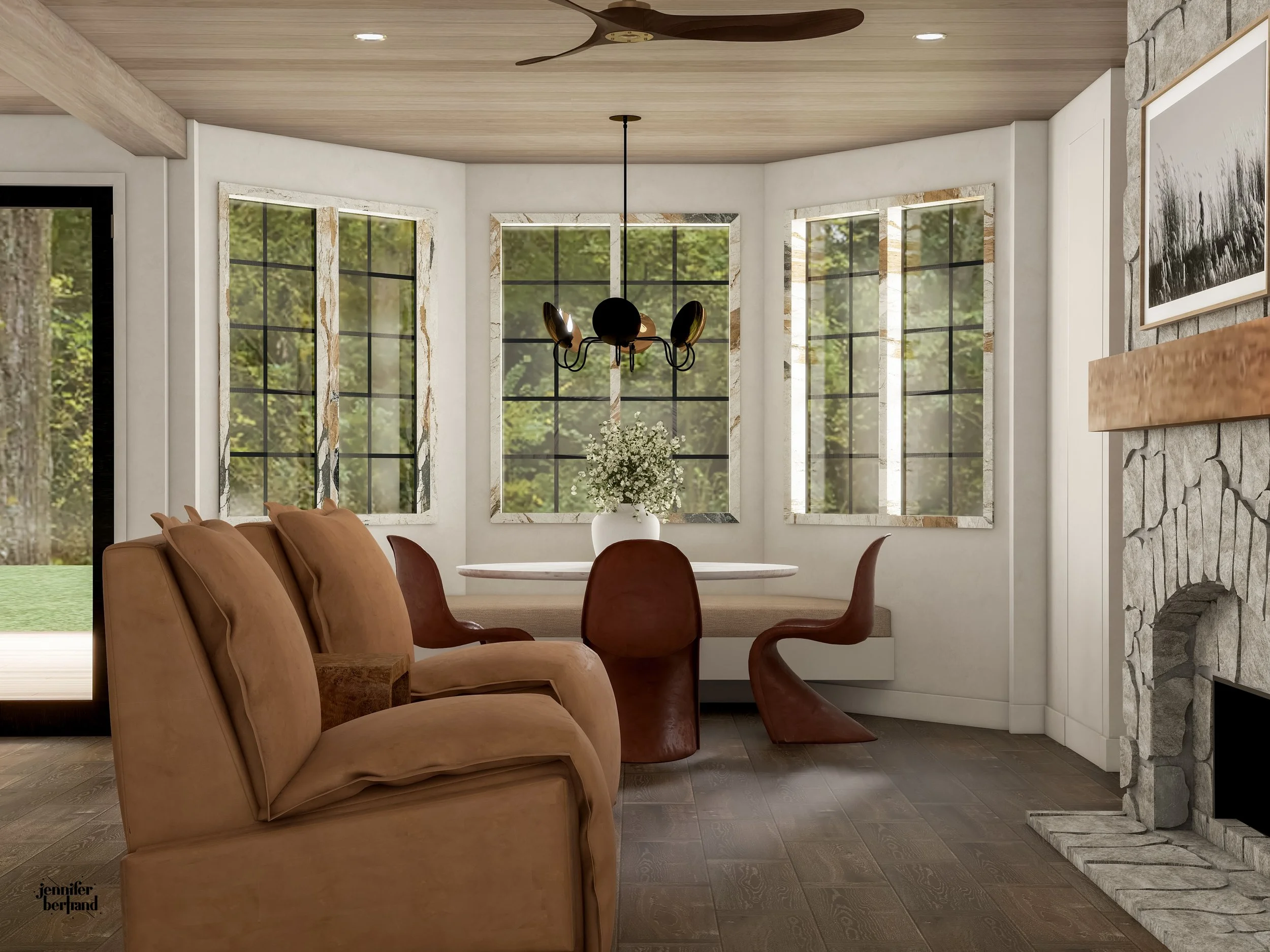 3D rendering of an organic modern dining nook with a curved bay window, leather chairs, and a stone fireplace