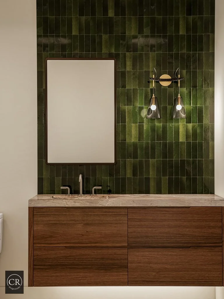 Wide-angle 3D guest bathroom rendering showing zellige tile vanity wall, open shower, and walnut cabinetry