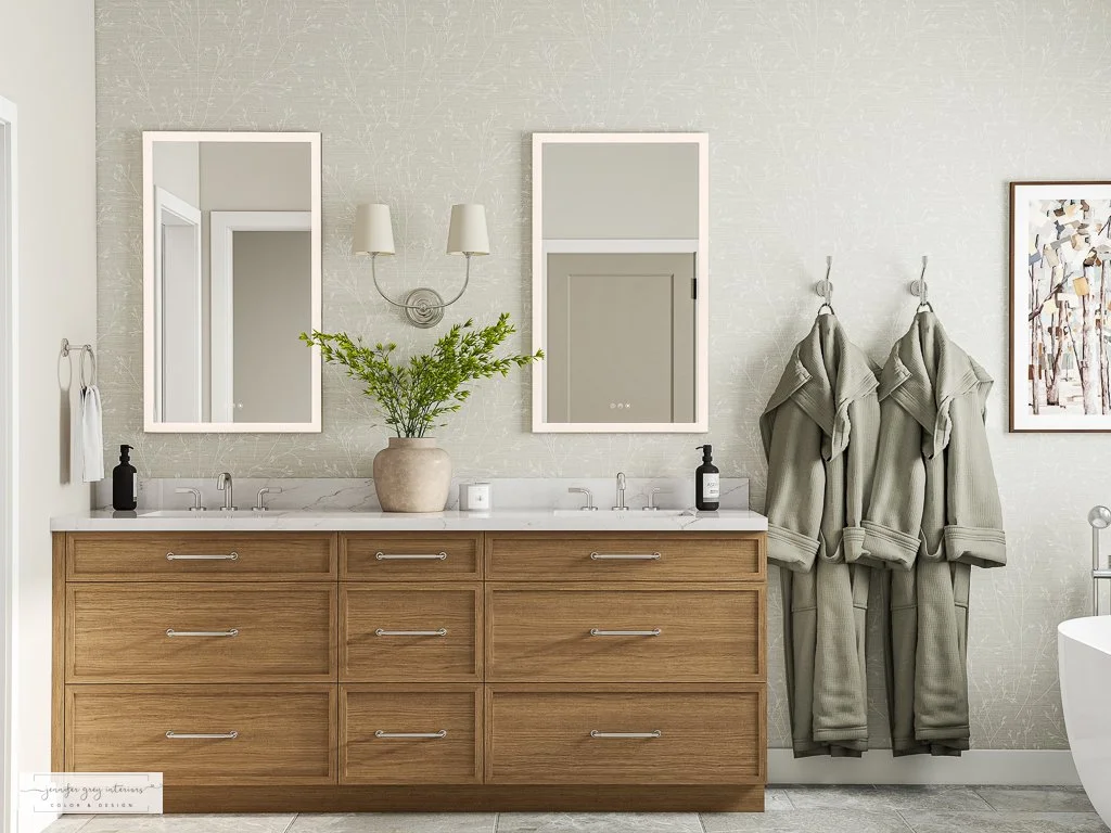 Symmetrical 3D primary bathroom rendering featuring double oak vanity, paired LED mirrors, and botanical wallpaper