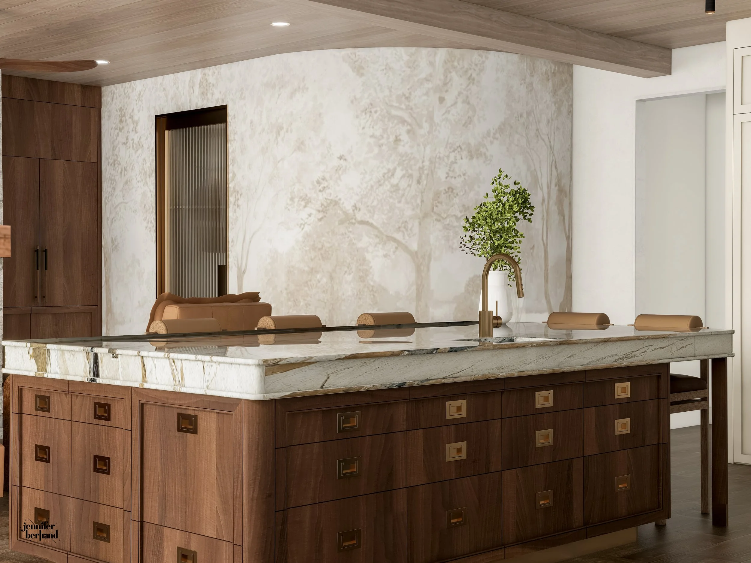 Close-up 3D rendering of a walnut kitchen island against a tree-mural wallpaper backdrop