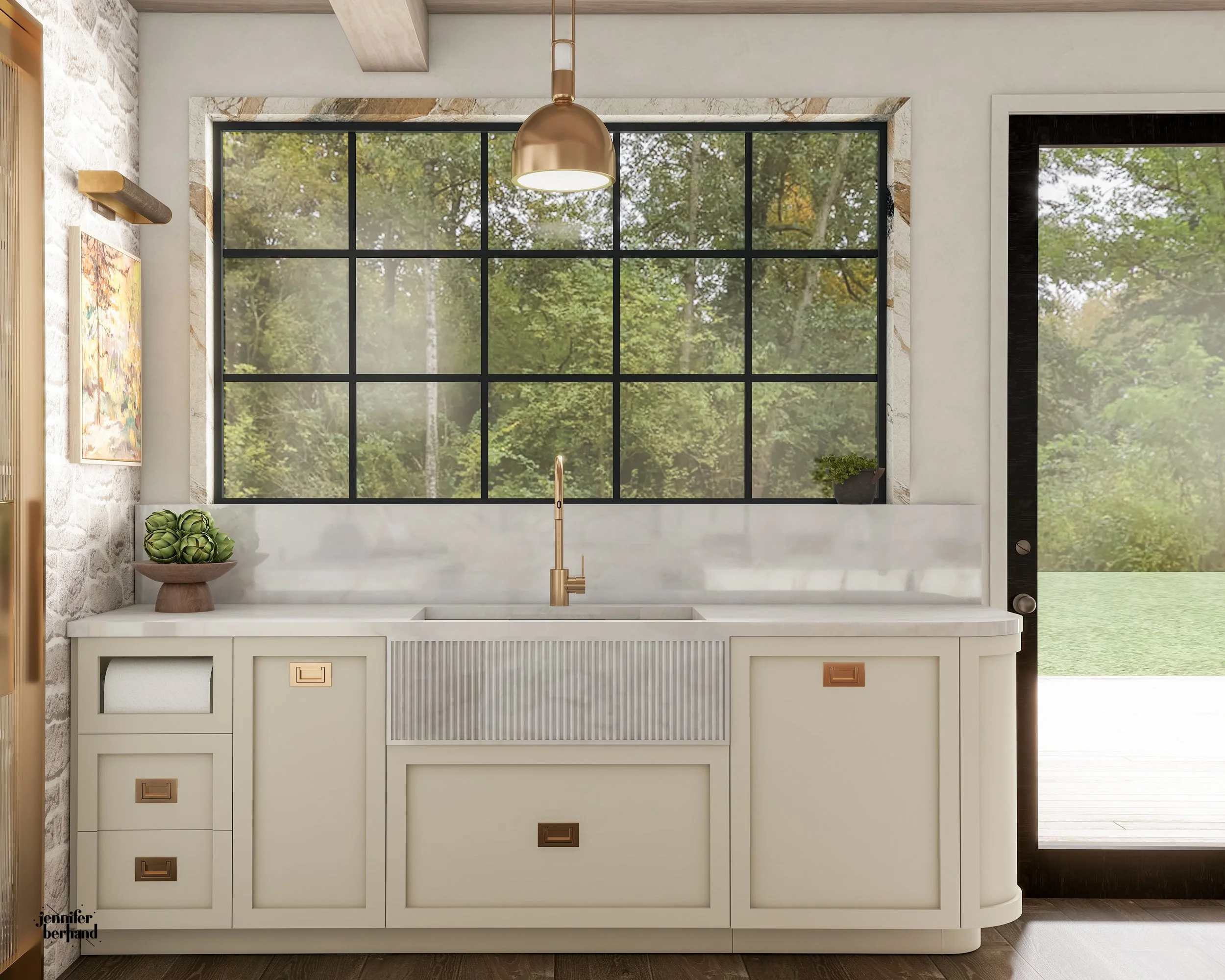 3D rendering of a kitchen sink area with a garden-view window and black-framed door to the backyard 
