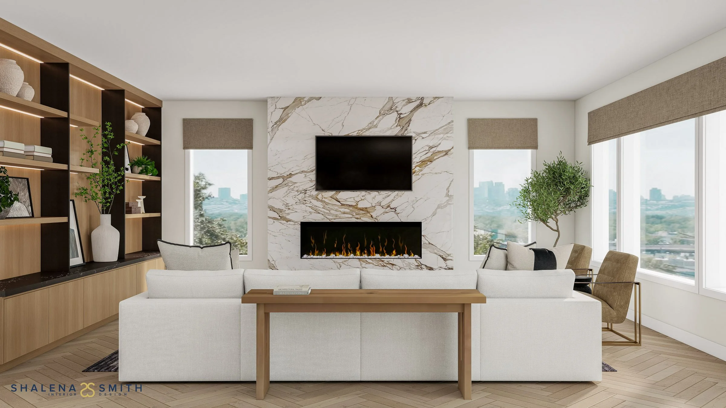 3D rendering of a linear fireplace in a marble slab surround, with a white sectional and a city view