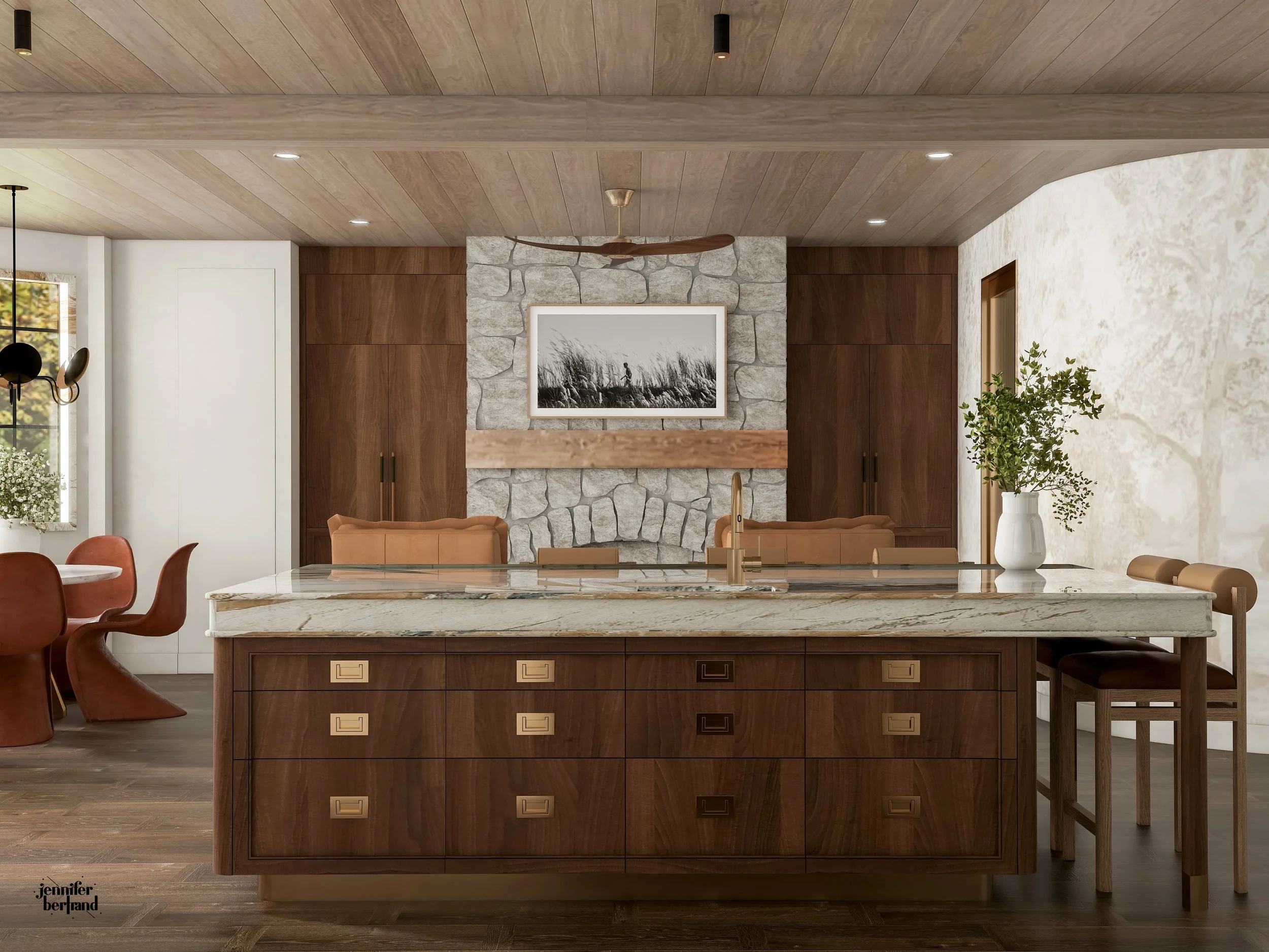 Wide 3D rendering of an open kitchen and dining space with a stone fireplace wall and walnut island 