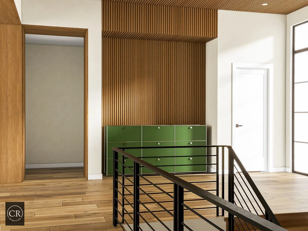 3D rendering of modern entry hall with walnut wood slat wall, green USM credenza, and black steel stair railing