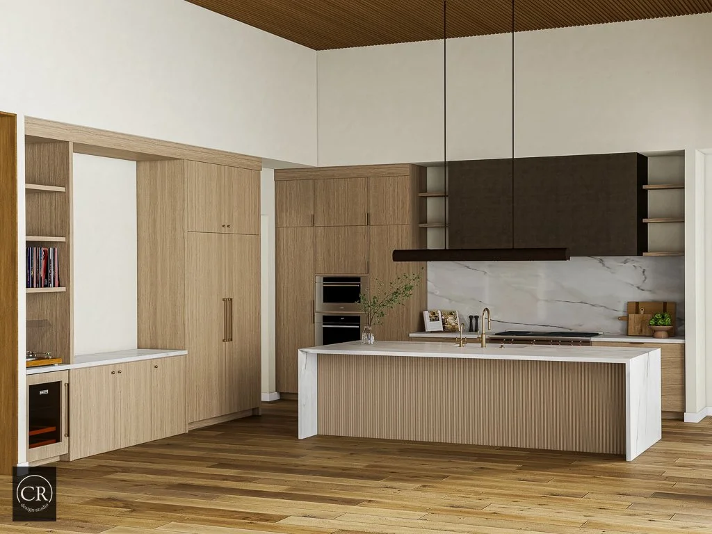 Angled 3D kitchen rendering showing dark range hood, oak cabinetry, slat ceiling detail, and brass faucet