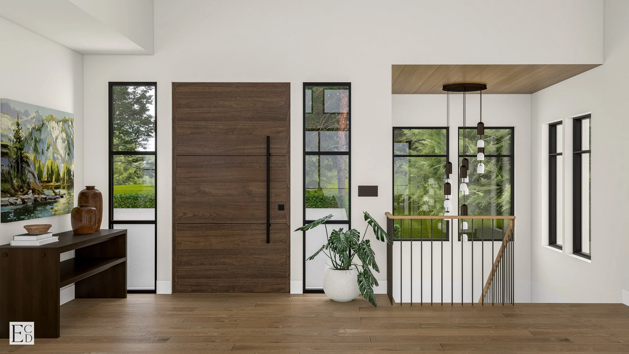The entry opens on a walnut pivot door framed by black steel sidelights, with the stair just off to the right.