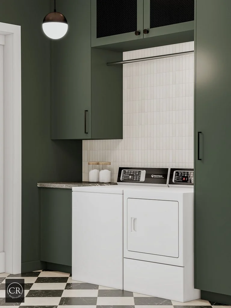 Side-angle 3D laundry rendering showing green upper and lower cabinetry with top-load washer and dryer