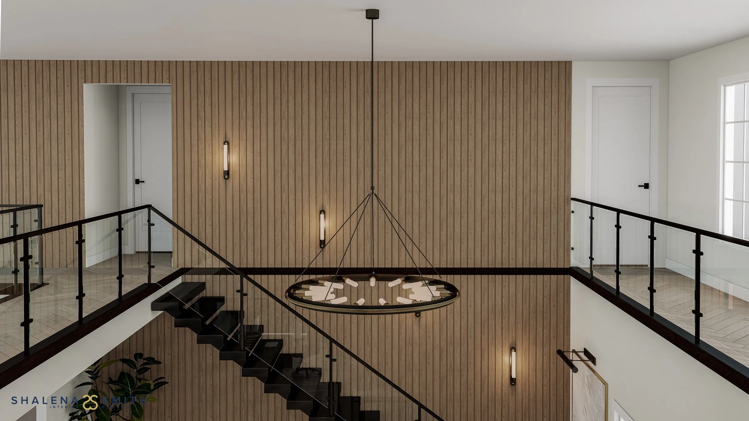 3D rendering of an upper landing with glass railings, a slatted oak wall and an oversized ring chandelier