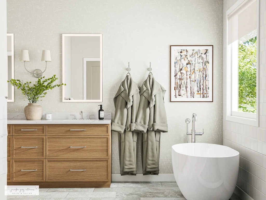 Photorealistic 3D bathroom rendering featuring a freestanding soaking tub, glass shower enclosure, subway tile, and warm oak vanity