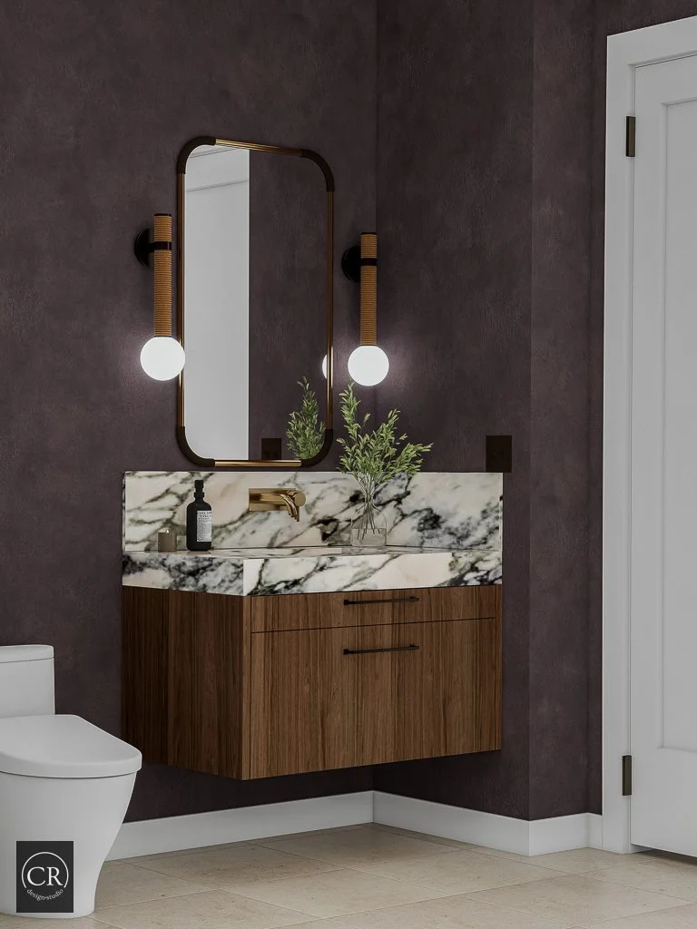Angled 3D powder room rendering showing aubergine plaster walls, walnut floating vanity, and brass-framed mirror