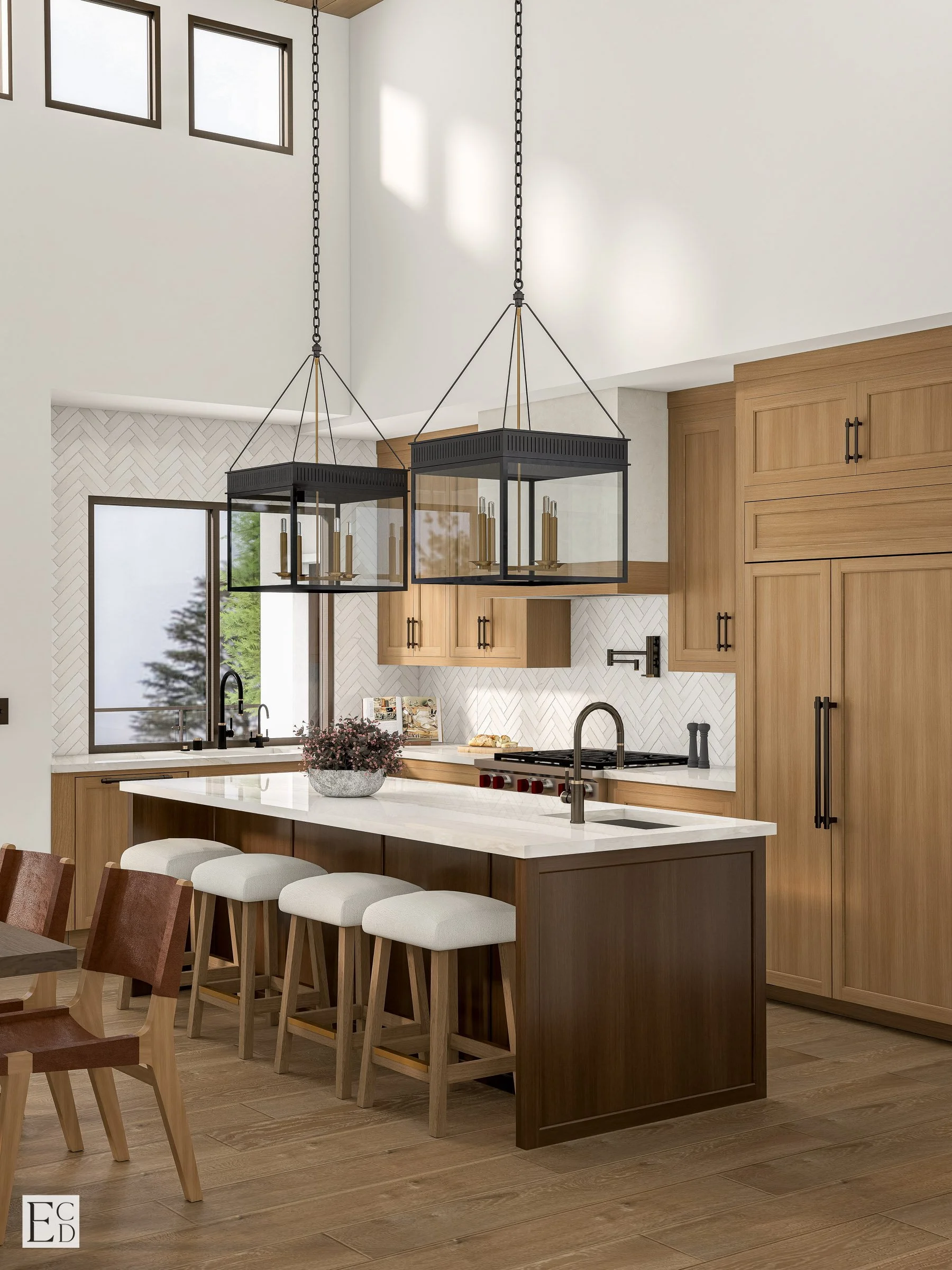 Oversized lanterns fill the double-height volume above the island, scaled up so they don't get lost in the ceiling.