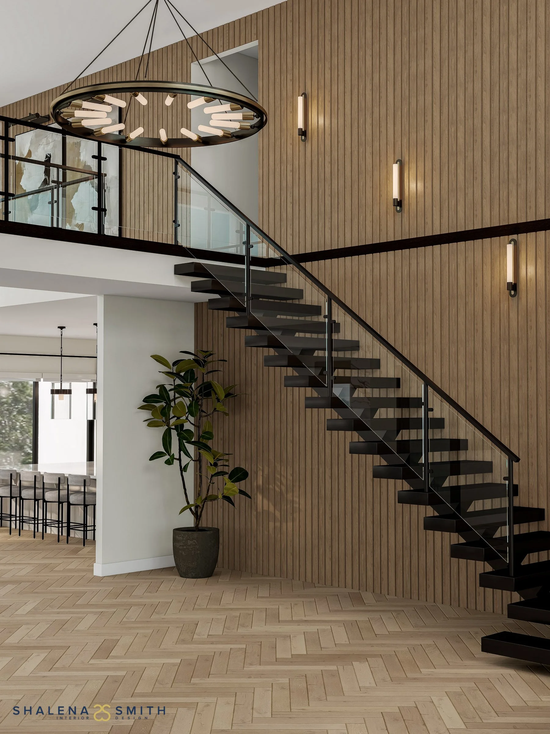 3D rendering of a floating black staircase with a glass railing against a slatted oak feature wall