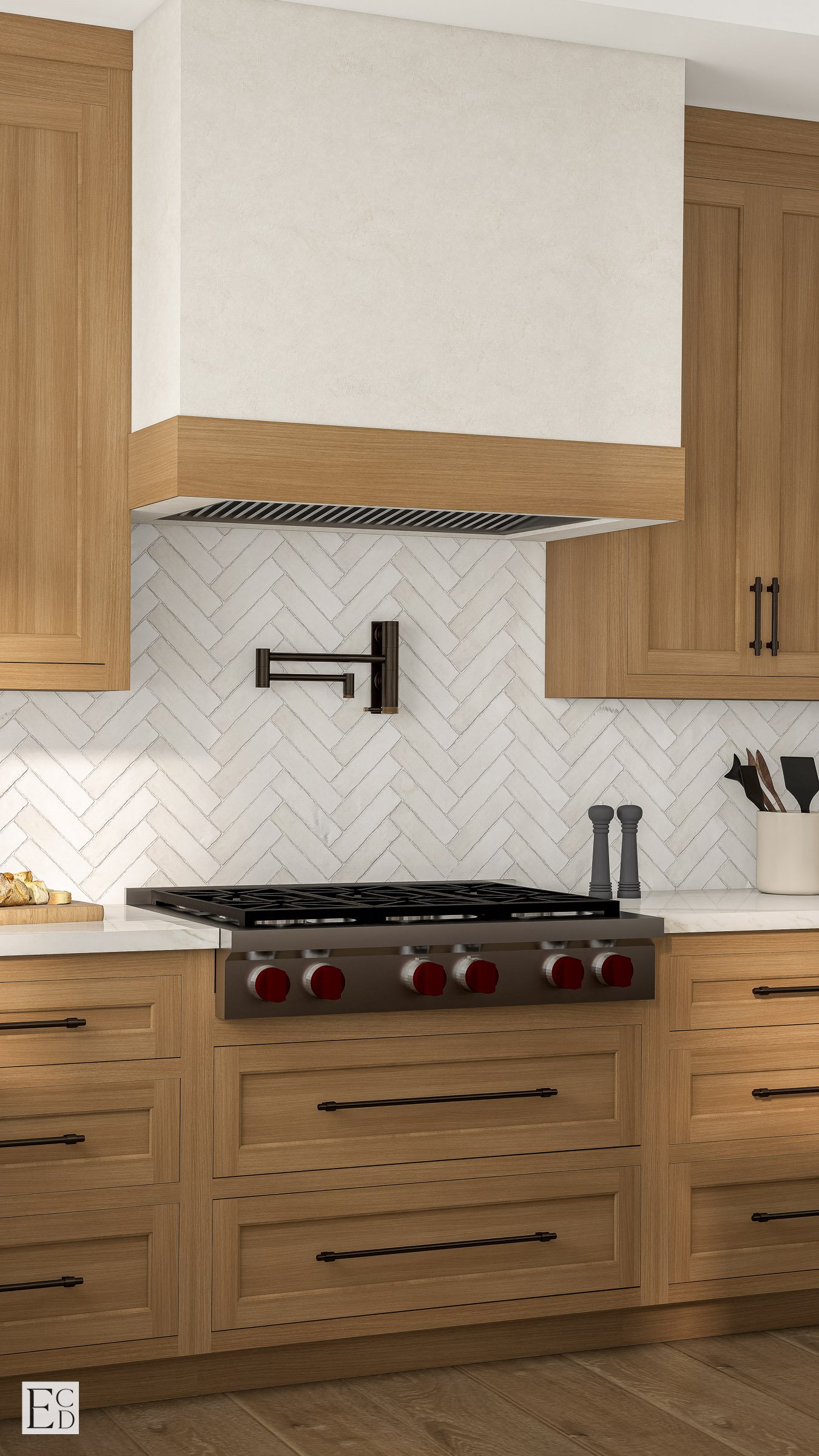 A close look at the range wall: plaster hood, brass pot filler, and hand-glazed herringbone tile.
