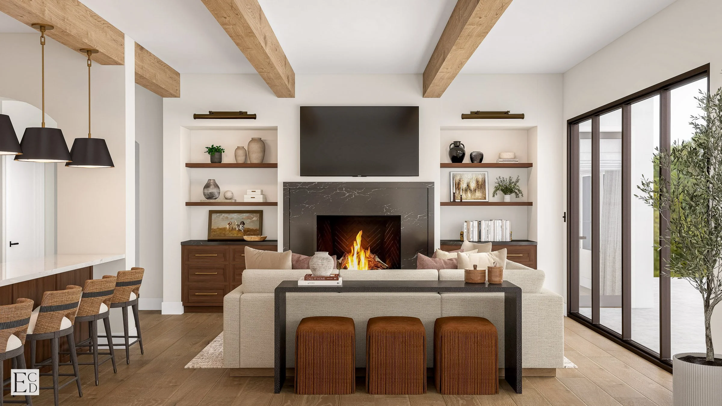 The lower family room opens onto the bar, beams overhead and a black quartz fireplace anchoring the far wall.