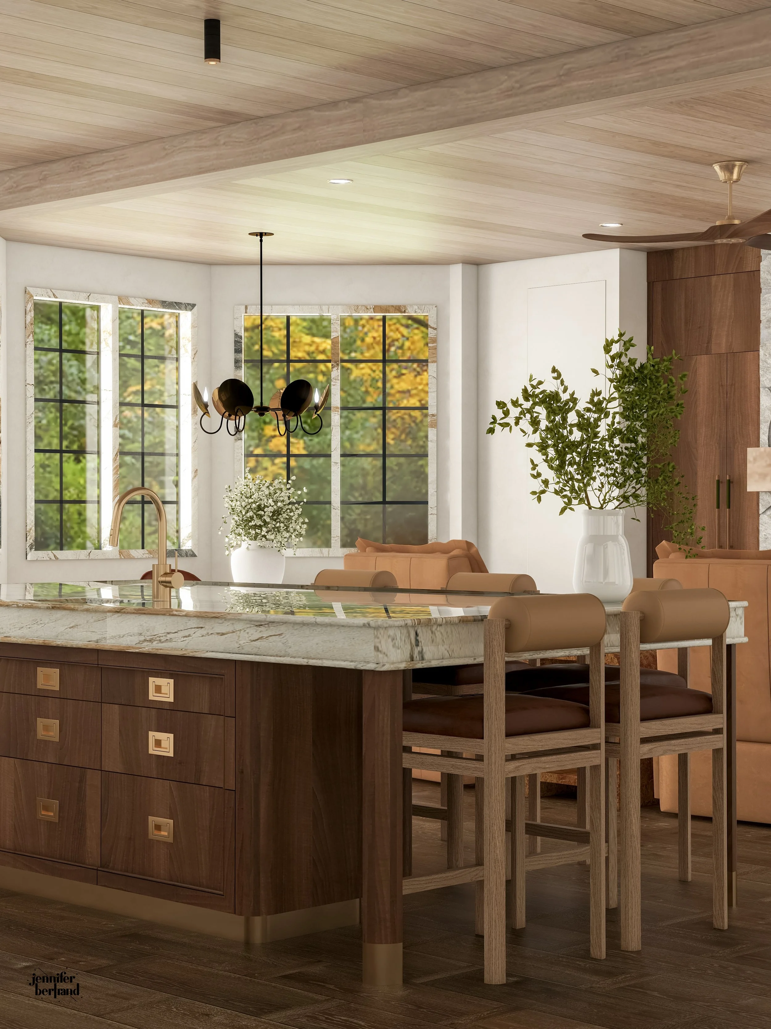 3D rendering of a kitchen island with leather bar stools, brass drawer pulls, and marble countertop