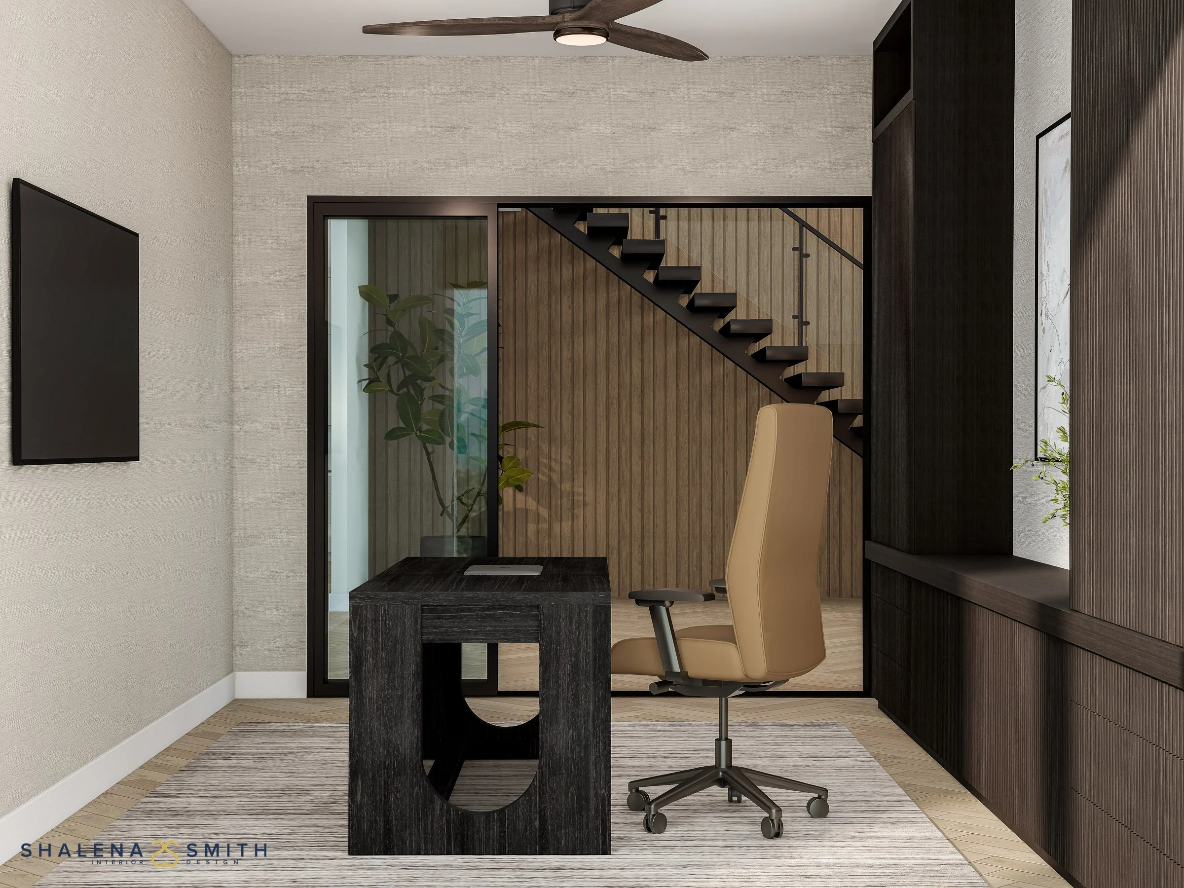 3D rendering of a home office looking out through glass doors to the floating staircase