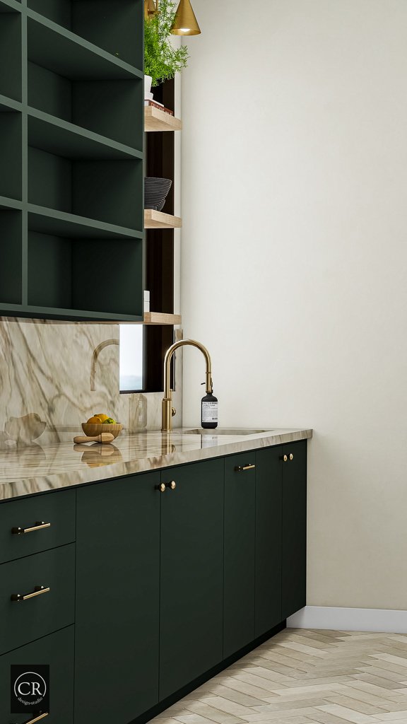 3D pantry rendering showing green open shelving, dramatic marble backsplash, and brass pull-down faucet