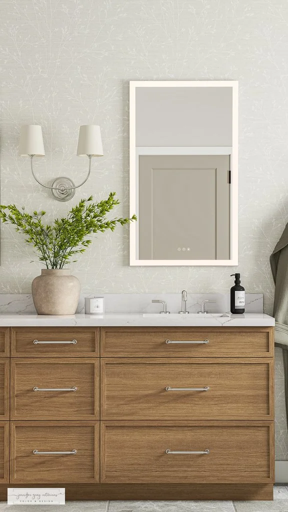 Close-up 3D bathroom rendering of single vanity with LED mirror, wall sconce, and botanical wallpaper