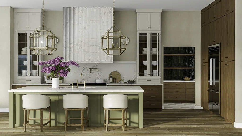 Landscape 3D kitchen rendering with symmetrical green island, paired brass pendants, and walnut cabinetry