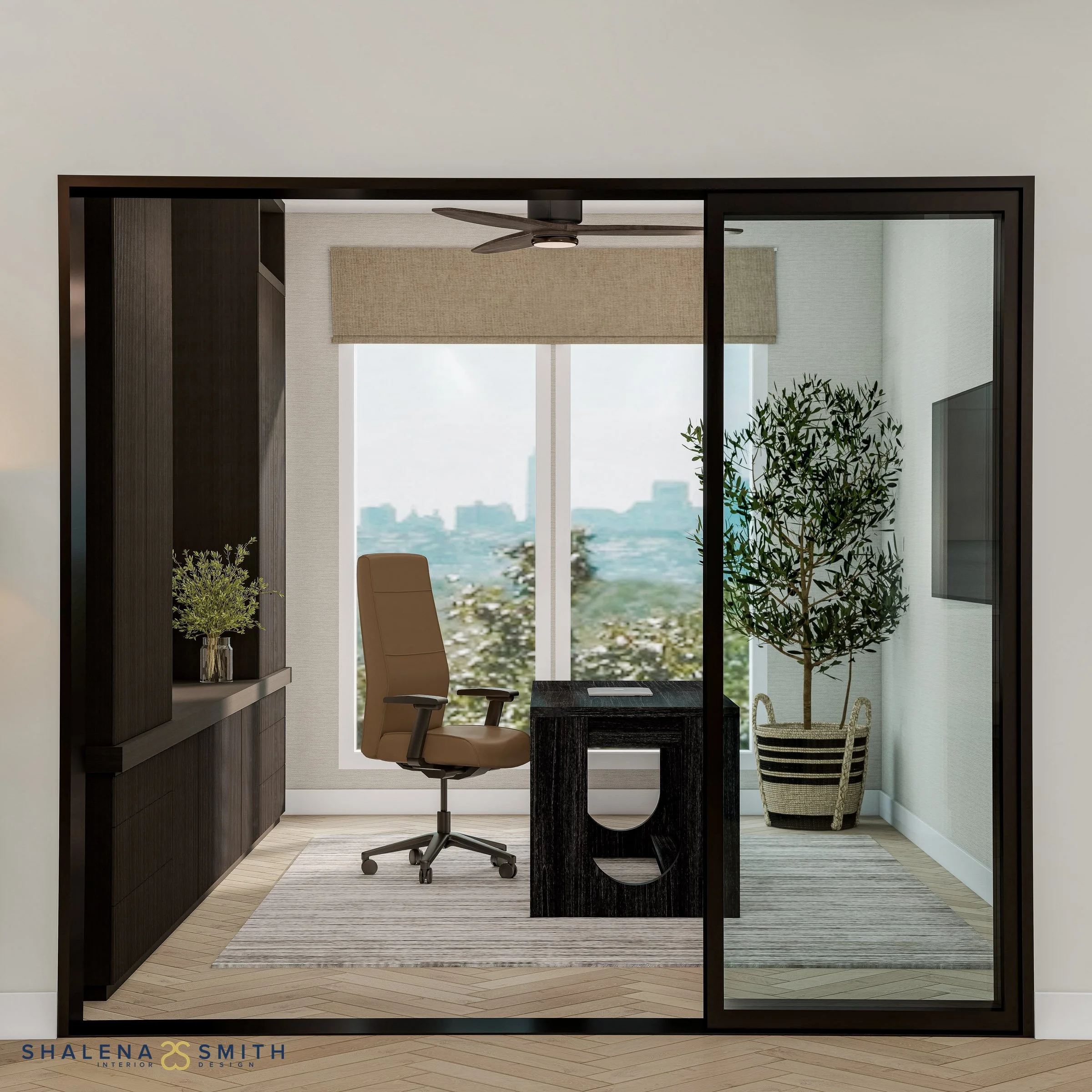 3D rendering of a home office seen through a black steel-frame glass slider, with a view