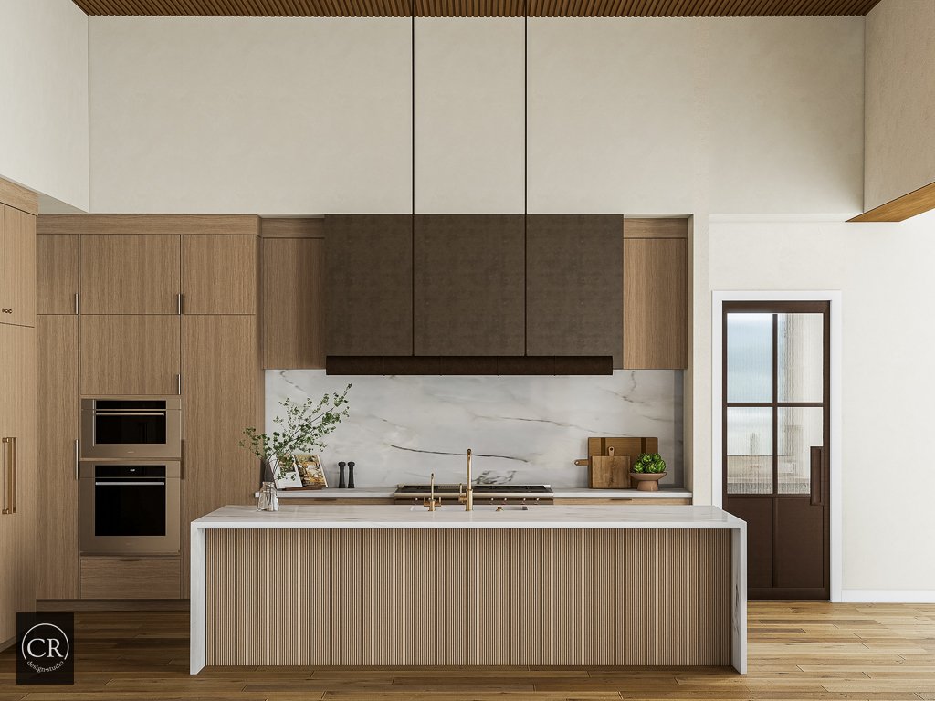Symmetrical 3D kitchen rendering with fluted wood island, dark range hood, marble backsplash, and brass fixtures