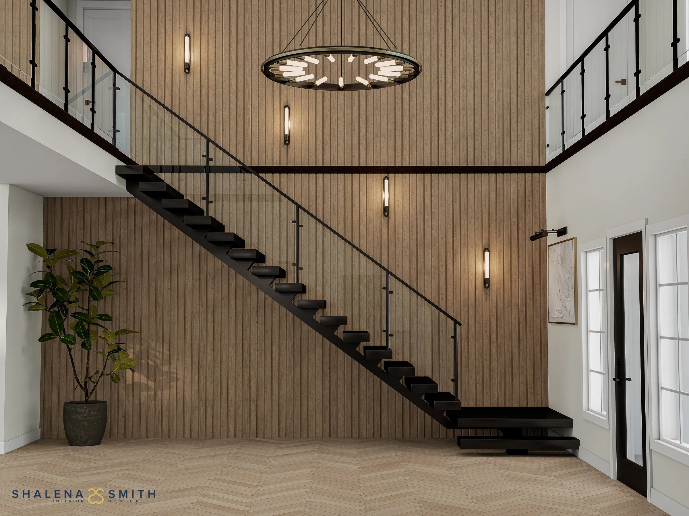 3D rendering of a floating staircase and two-story slat wall with tube sconces and a ring chandelier