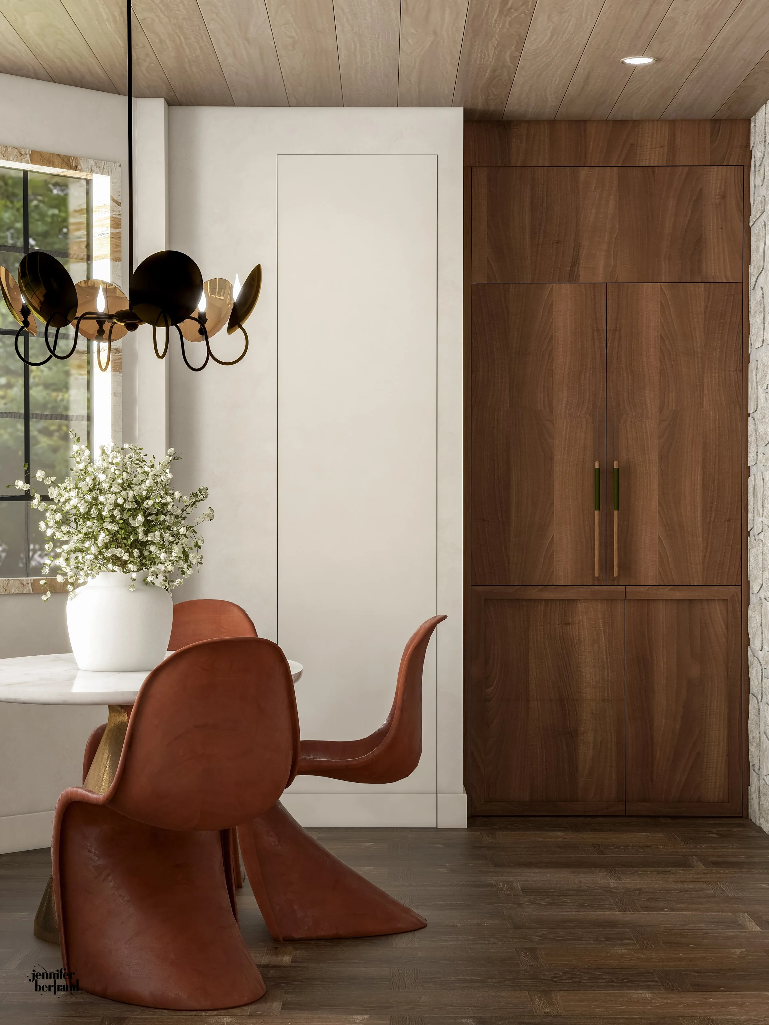 Organic modern dining vignette rendering with sculptural leather chairs and a walnut built-in cabinet with brass hardware 