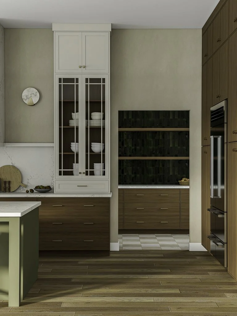 3D kitchen rendering detail showing butler pantry area with dark zellige tile backsplash and glass-front hutch