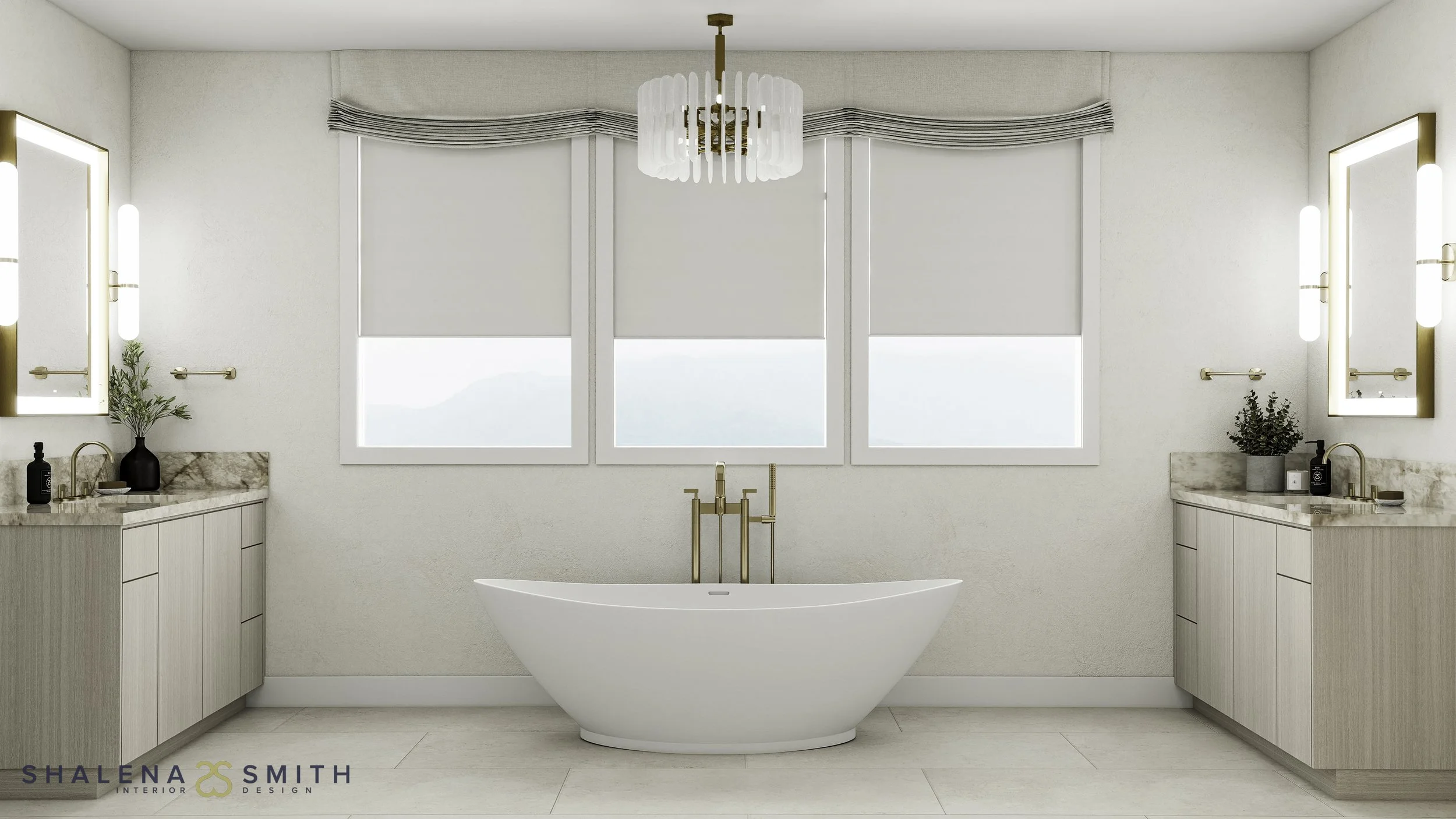 3D rendering of a symmetrical primary bathroom with a freestanding tub between twin vanities