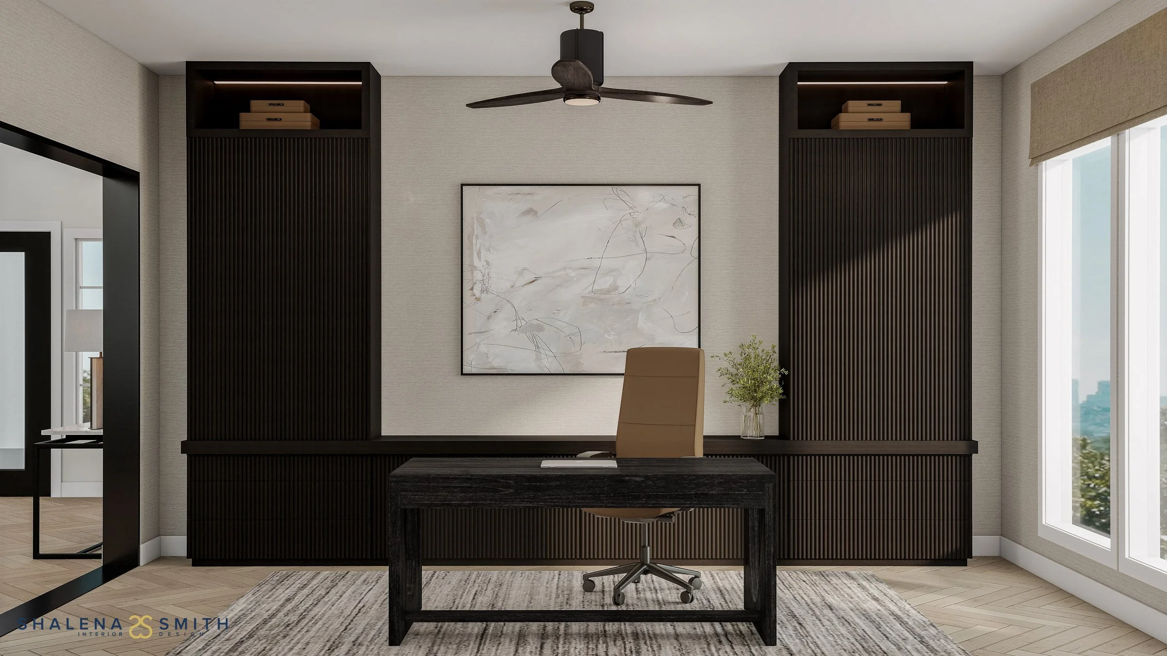 3D rendering of a home office desk wall with dark fluted built-in cabinetry and abstract art