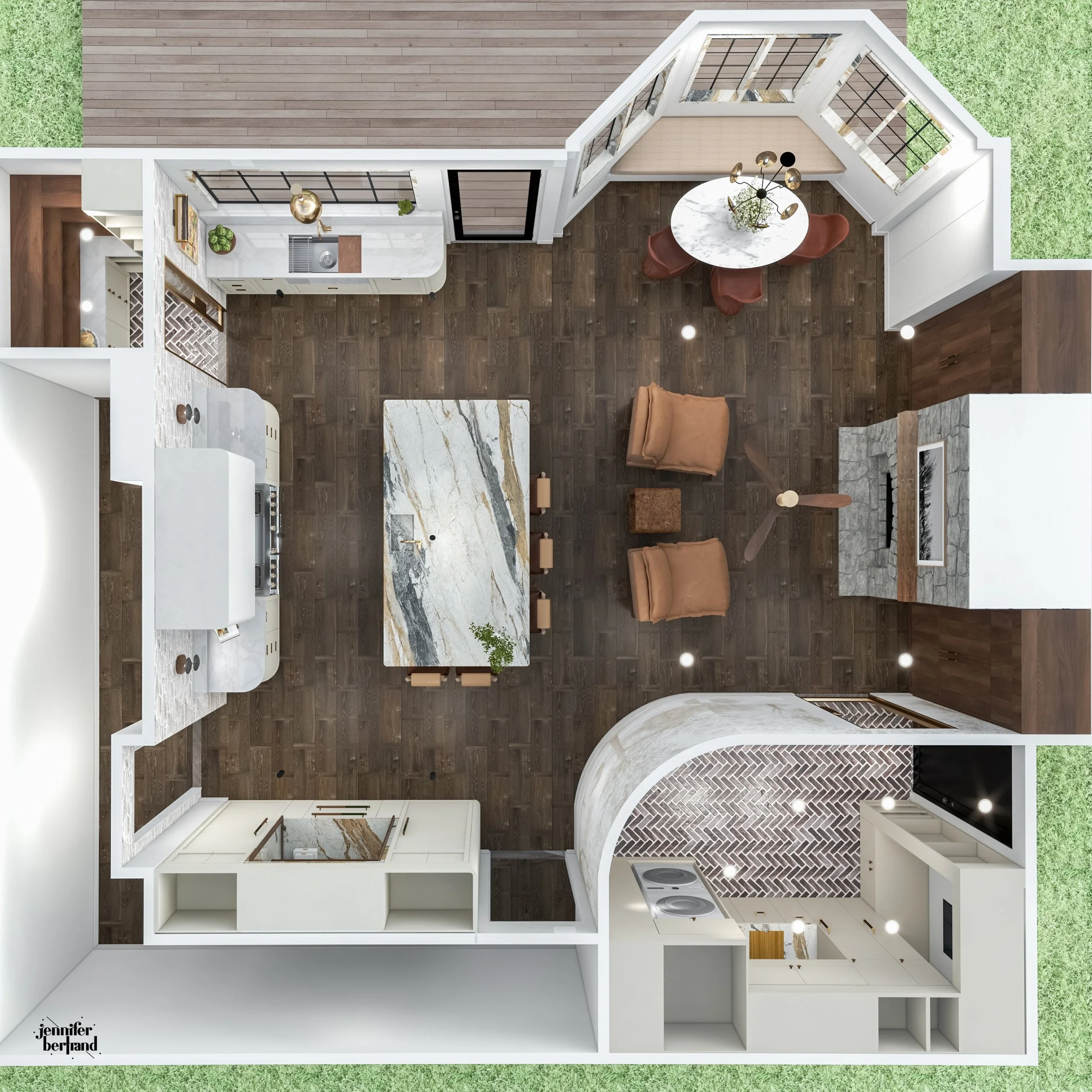 3D dollhouse floor plan rendering showing an aerial cutaway view of a kitchen, dining, and living area