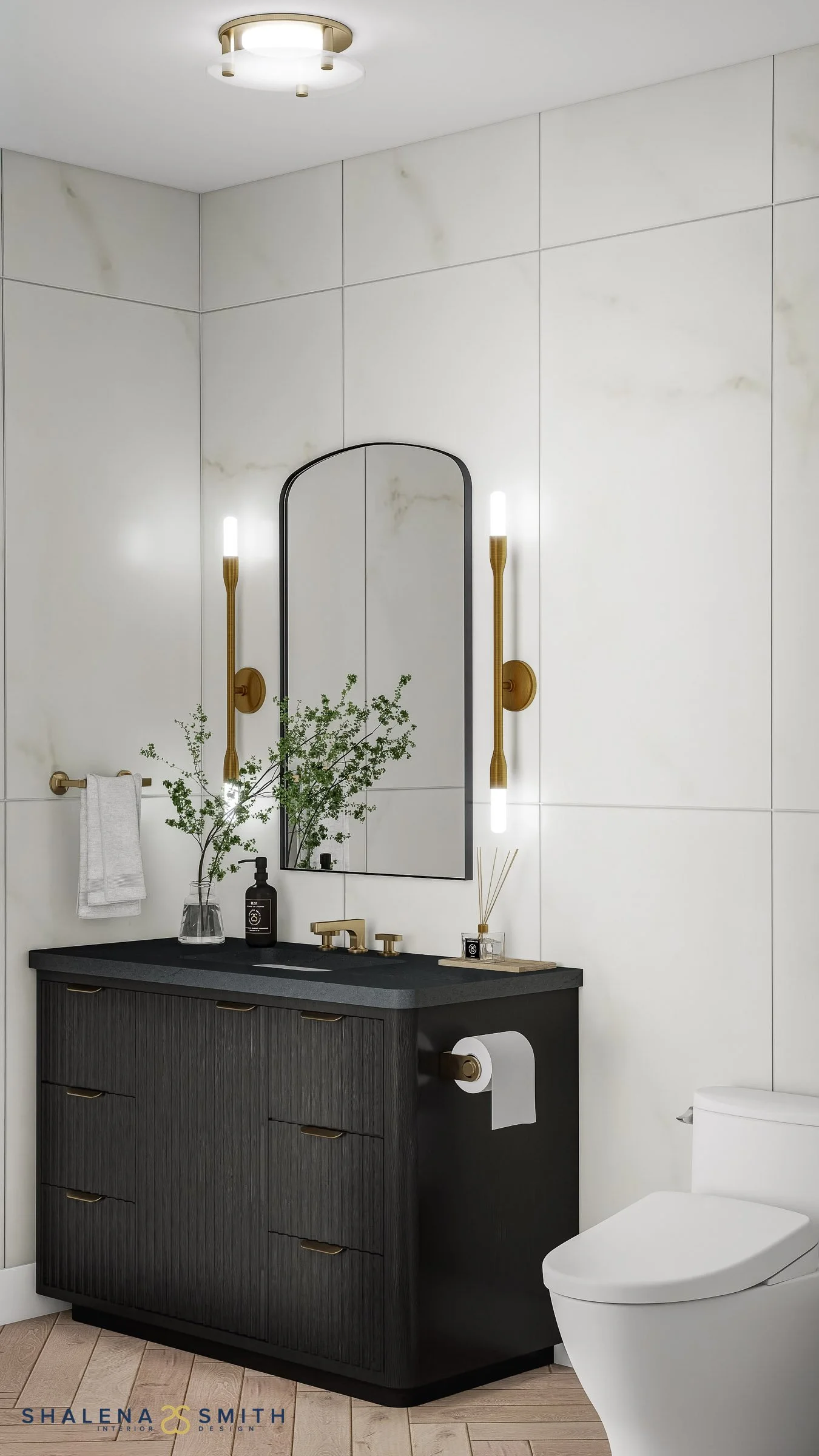 3D rendering of a powder room with a black fluted vanity, arched mirror and brass stick sconces