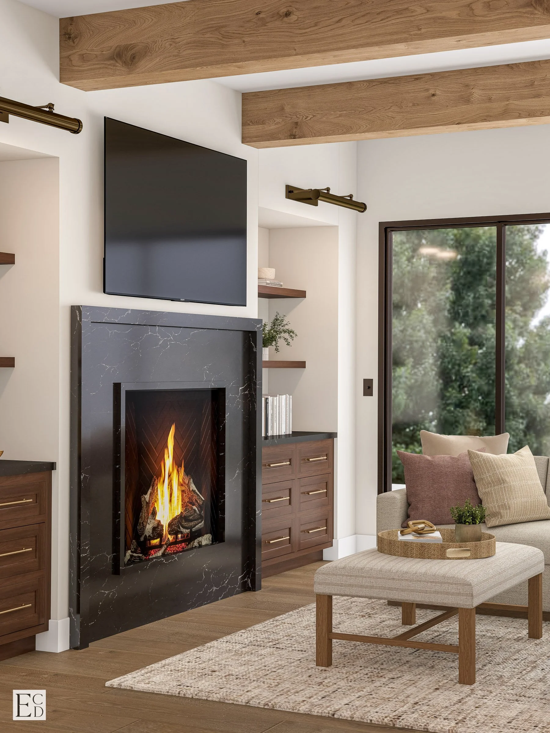 Beams, built-ins, and a slider to the lower patio — the room is built for long evenings.