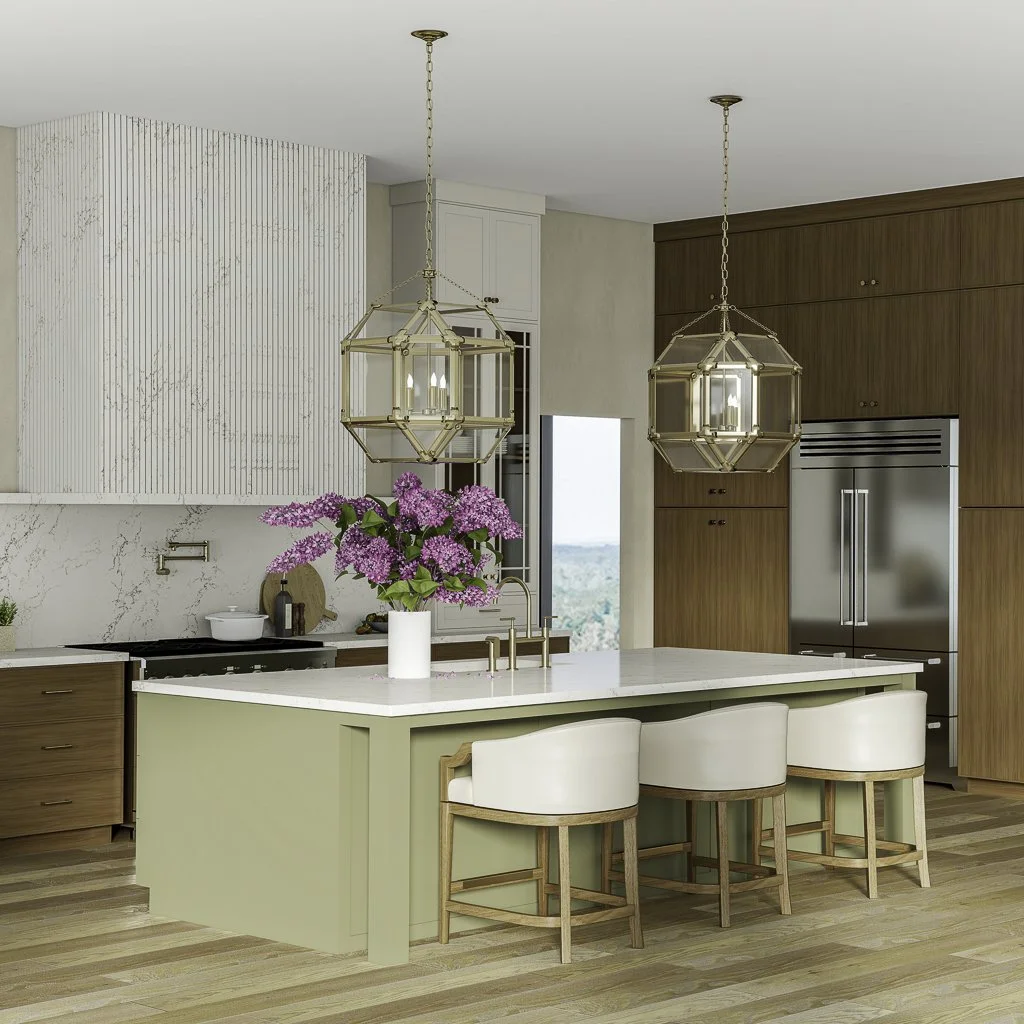 3D rendered kitchen with sage green island, walnut cabinetry, and Sub-Zero refrigerator — angled view