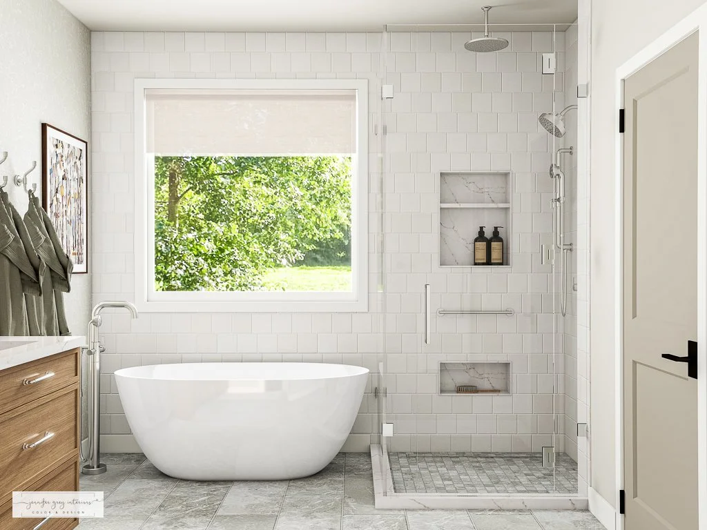3D bathroom rendering showing oak double vanity, botanical wallpaper, sage robes, and freestanding tub