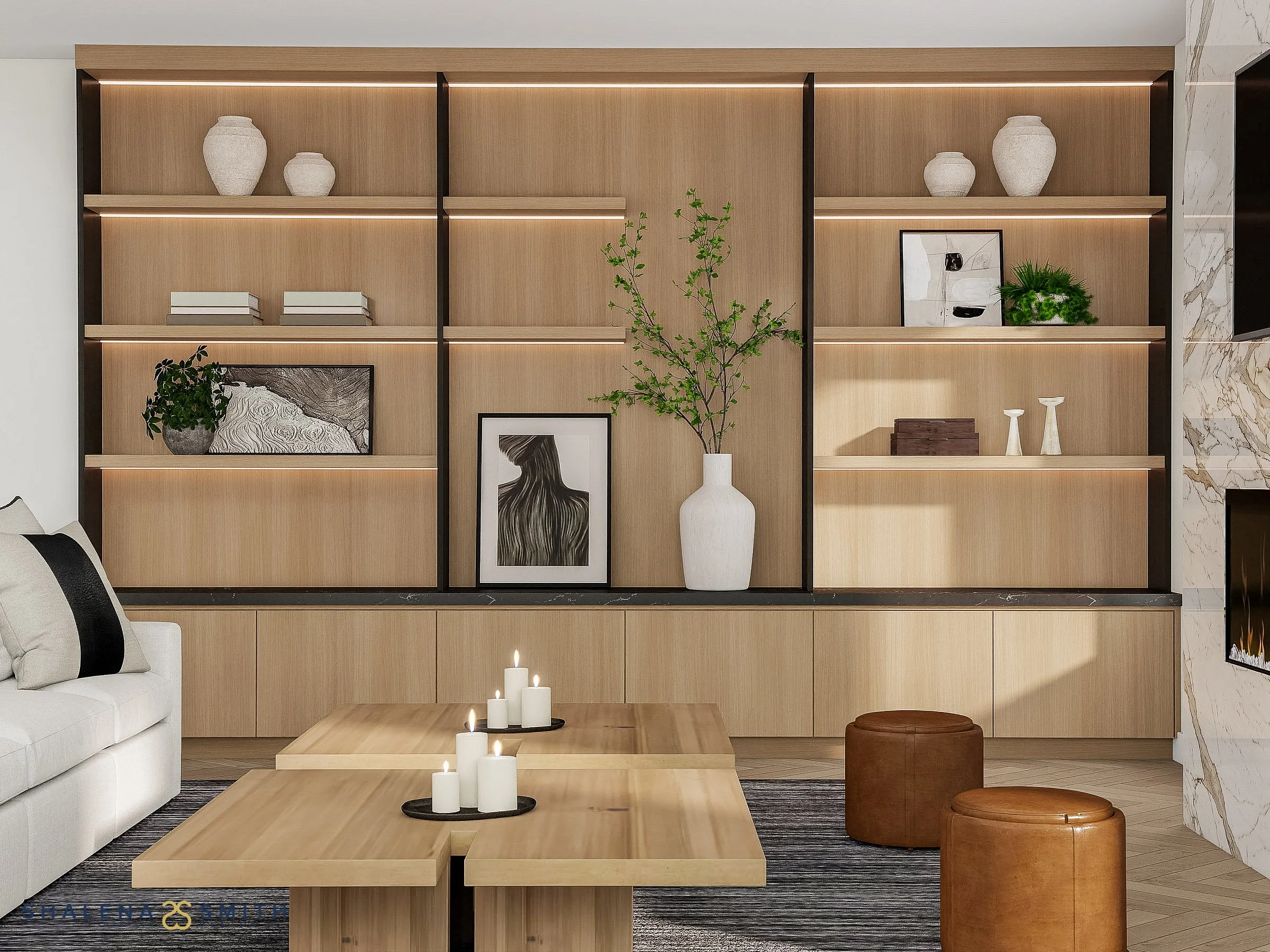 3D rendering of oak built-in shelving with LED shelf lighting, styled with pottery, art and greenery