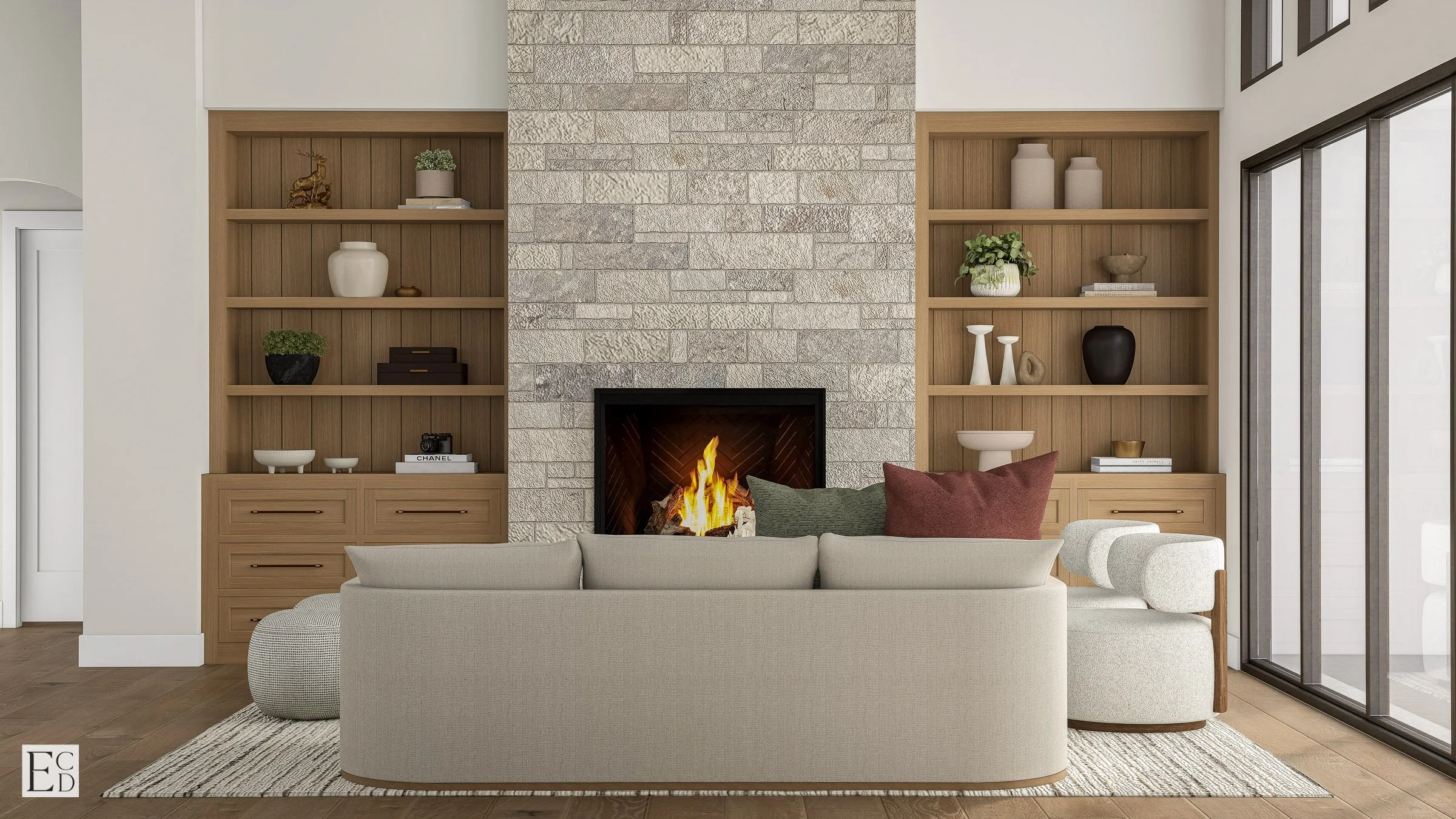 Stone runs floor to ceiling at the fireplace, flanked by white oak built-ins with fluted backs and closed storage below.